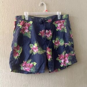J. Crew Board Shorts Mens 34 Swim Trunks Blue Hawaiian Mesh Lined Drawstring